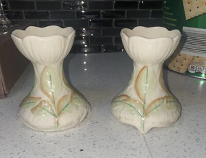 Pair of Bellleek Green & Brown Leaf Spill Vases Candle Holders (6th Green Mark) - Picture 1 of 6