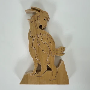 Vtg Handmade WOOD JIGSAW PUZZLE Carved GOAT CLIMBING Interlocking Animal Toy - Picture 1 of 12