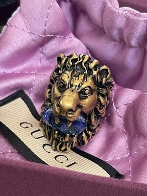 Iconic GUCCI Lion Head Ring Blue Crystal Bronze Gold US Size 5.75 10IT Unisex - Image 1 of 4
