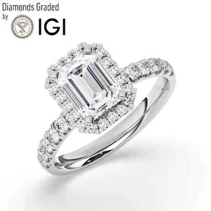 Emerald Solitaire Labgrown Diamond Halo Engagement Ring 18k White Gold 1.65 Ct - Picture 1 of 23
