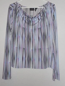 New York & Co. - L - Blue & Purple Geometric Draping Neck Long Sleeve Knit Top - Picture 1 of 7