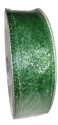 1.5" x 50 Yds Wired Edge Premium Ribbon, Sheer Lime Green & Glitter - Mega Roll - Image 1 of 3
