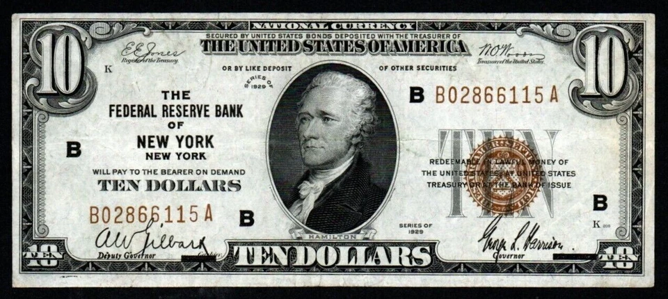 1929 $10 BEAUTIFUL HIGH GRADE XF+ New York Federal Reserve Bank Note! - Image 1 of 1