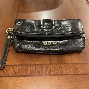 JIMMY CHOO Black Leather Large Zippered Fold-Over MAVE Clutch Bag