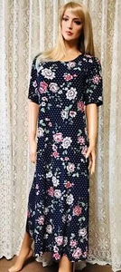 JOSTAR LONG DRESS Poly Spandex Slinky Knit TRAVEL NAVY FLORAL Dot S M L XL 2X 3X - Picture 1 of 11