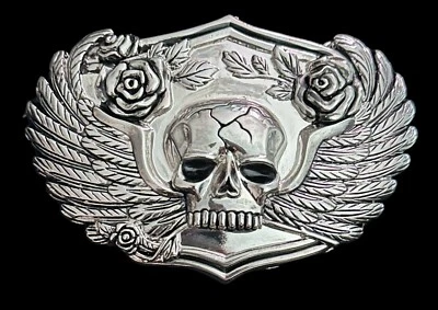 Fibbia cintura uomo biker gotico grunge teschio e rose ali argento moto punk - Immagine 1 di 2
