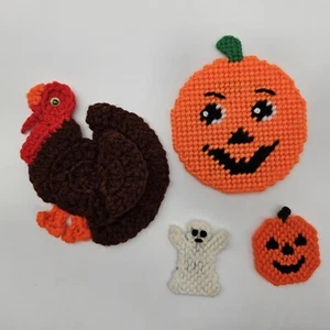Set of 4 Vintage Halloween Thanksgiving Handmade Needlepoint Fridge Magnets - Picture 1 of 7