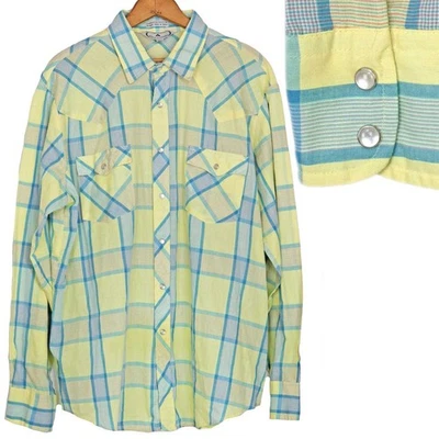 Camisa Vaquera Occidental Vintage Años 70 Perla Botón a Presión Amarillo Madrás Cuadros Disco XL Foto 1 de 4