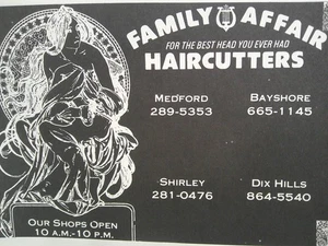 Cortadoras de pelo Family Affair Salón AD de colección DIX HILLS NY Long Island 1977 1979 - Imagen 1 de 2