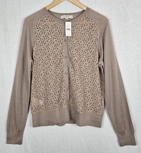 LOFT Womens Cardigan Sweater XL Lace Front Lightweight Long Sleeve Mauve Preppy - Picture 1 of 9