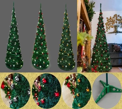 SHATCHI Pop Up Christmas Tree Pre Lit Decorated Baubles LED Lights Xmas Decoration 4-6FT