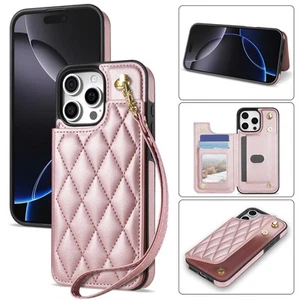 Leather Card Wallet Case Bag For Samsung S24 S25 iPhone 15 16 Stand Phone +Strap - Picture 1 of 19