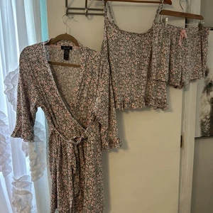 Rene Rofe Nachtwäsche 3-teiliges Set grau rosa Cami Shorts Negligee Morgenmantel Gr. XL - Bild 1 von 8