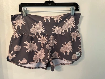 Roxy Swimwear Board Shorts LG Stretch Gray Peach Floral Print Foldover Waistband - Image 1 of 4