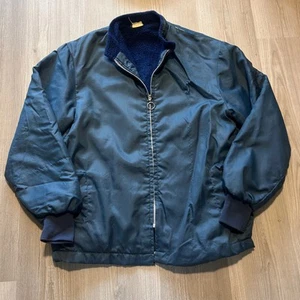 Men's Vintage 70's Navy Blue Nylon Fleece Lined Work Bomber Jacket Sz Large L - Picture 1 of 10