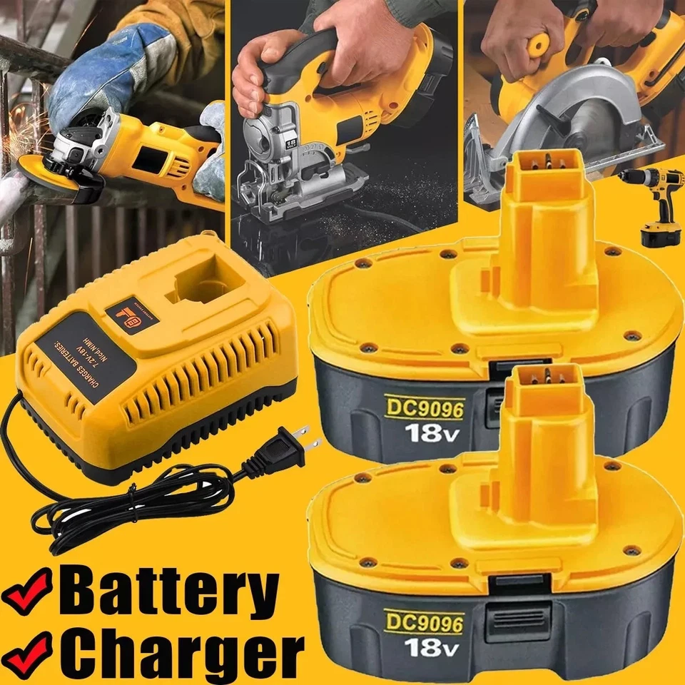 2PACK 18 Volt For DeWalt 18V Battery and Charger DC9096 DC9099 DC9096-2