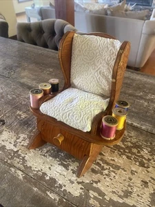 Vintage Wooden SEWING CADDY ROCKING CHAIR Pin Cushion Thread Holder Wood Spools - Picture 1 of 8