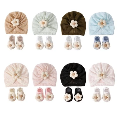 2025 Baby Sun Flower Bonnet Caps with Socks Set Hollowed Out Soft Breathable - image 1 of 4