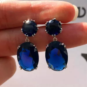 Handmade Huge Natural Swiss Blue Topaz Gemstone Silver Woman Stud Hook Earrings - Picture 1 of 8