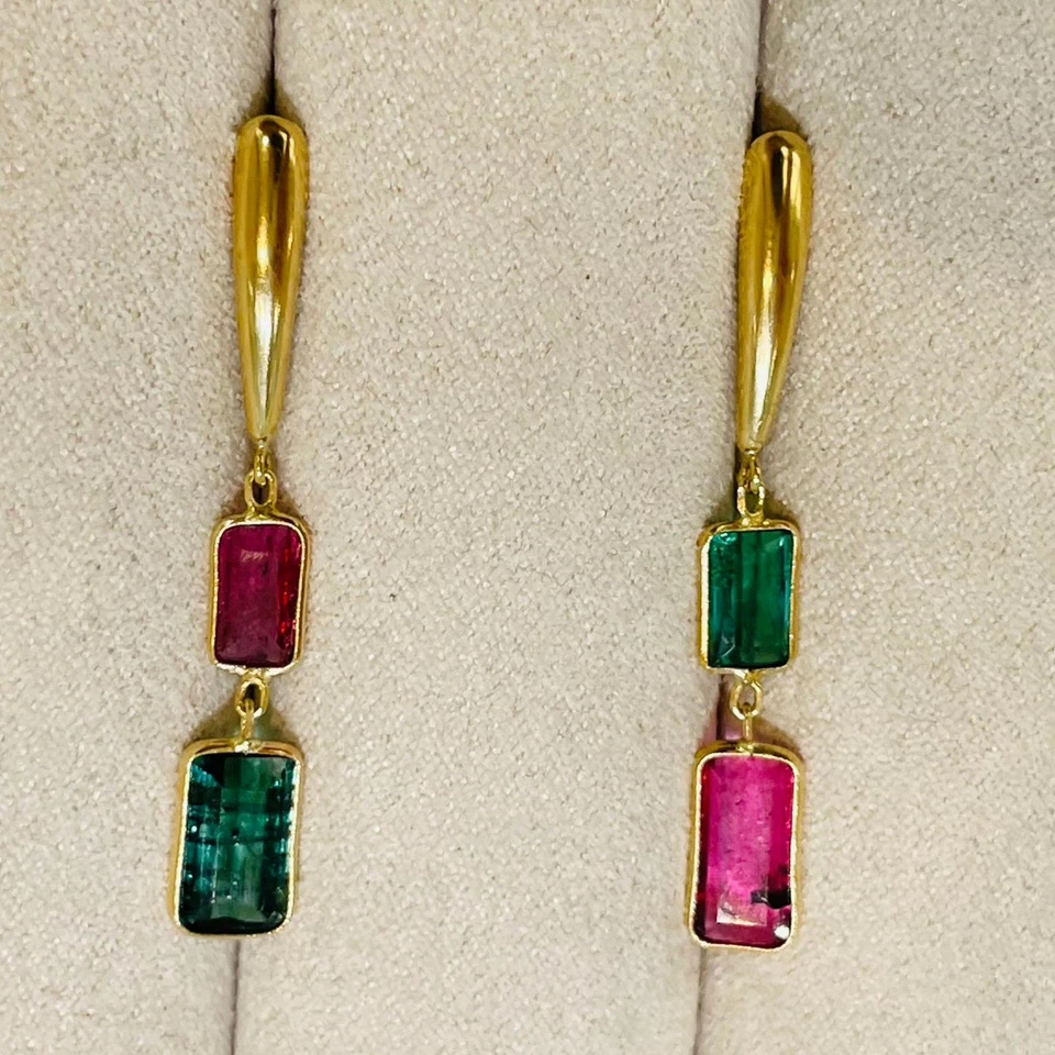 Pendientes colgantes de turmalina rosa y verde Foto 1 de 1