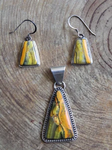 Bumble Bee Jasper & Sterling Silver Pendant & Earrings Set Tom Ronal Navajo - Picture 1 of 8