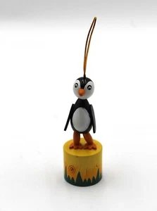Vintage Colorful 4" Penguin Hand Painted Wood Push Puppet Christmas Ornament - Picture 1 of 5