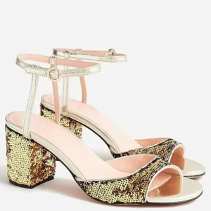 J Crew Lucie Ankle-Strap Block Heel Sandals Sequins, 7M Party Shoes, Boxed - Picture 1 of 10