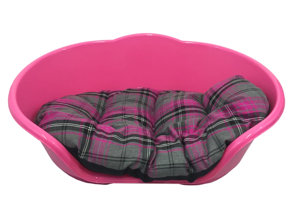 MEDIUM PLASTIC PINK WITH PINK TARTAN CUSHION PET BED DOG/ CAT   - Image 1 of 1