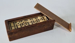 Antique Boxed Set of Bovine Bone & Ebony Dominoes - Double 6 - Picture 1 of 10