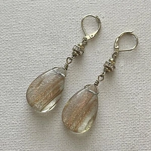 Faceted Glass Teardrop Copper Glitter Clear Dangle Post Earrings - Picture 1 of 4