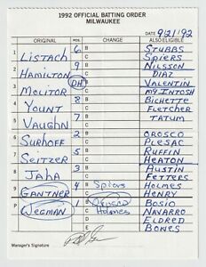 9-21-92 Milwaukee Brewers Game Used Lineup Card - Robin Yount & Paul Molitor