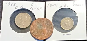 LOT OF 3 COINS GREAT BRITAIN 1719 (RARE) FARTHING, 1944 3 PENCE, 1963 6 PENCE - Picture 1 of 7