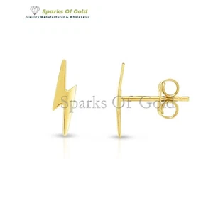 Solid 14k Yellow Gold Lightbolt Stud Earrings Minimalist Jewelry Gift For Wife - Imagen 1 de 4
