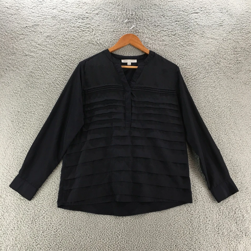 Blusa Top Larry Levine Mujer Mediana Negra Manga Larga Plisada en Niveles Cuello en V Foto 1 de 4