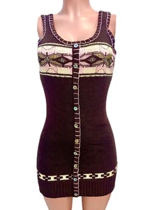 Vintage 2000 Brown Pink Retro Angora Y2K Sweater Knit Button Mini Tank Dress L - Picture 1 of 5