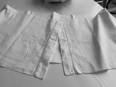 Linge Ancien TAIE DE TRAVERSIN De Mariage Richement Brodé Monogramme H F - Photo 1/4