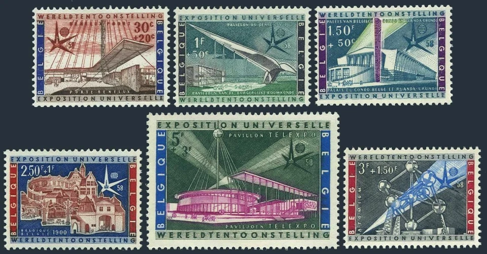 Belgium B619-B624, MNH. Michel 1094-1099. World's Fair 1958, Brussels. Pavilions - Image 1 of 1