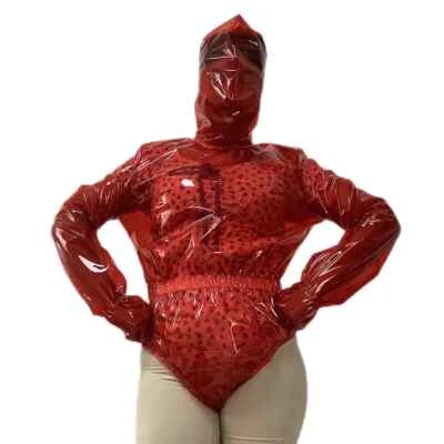 Masked Hooded Transparent Bodysuit Long Sleeve PVC Jumpsuit Back Zipper Bodysuit - Image 1 of 4