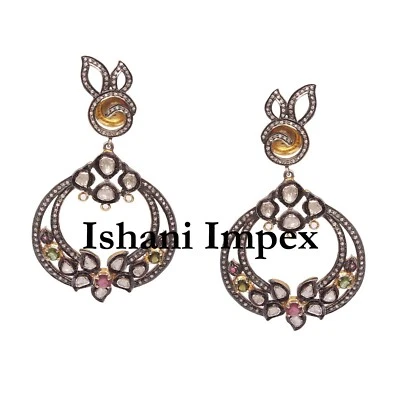 Natural Pave Diamond Polki & Ruby Peridot 925 Sterling Silver Victorian Earrings - Image 1 of 4