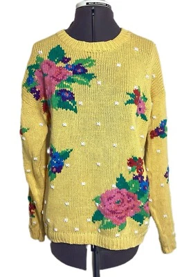 Vtg 90s 80s Floral Knit Sweater Size M Chunky Bobble Cottagecore Retro Pullover - Image 1 of 4