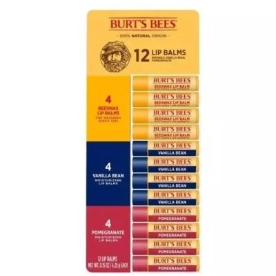 Paquete de 12 bálsamos labiales originales 100 % naturales Burt's Bees, incluye 4 cera de abejas, 4 nuevos Foto 1 de 4