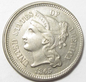 1865 Three Cent Nickel 3c Trime  - AU/Unc - Reverse Die Cracks - #11307-3 - Picture 1 of 2