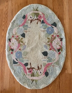 Claire Murray Vintage Wool Hand Hooked Oval Rug 25” X 36" oval pansies floral - Picture 1 of 11