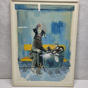 Pintura De Colección Gato Dama 17"x13" Azul Mujer Gatos en Cochecito Enmarcado Original - Imagen 1 de 20
