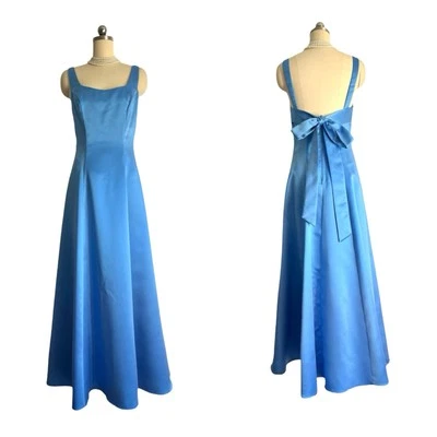 Y2K Vintage ZumZum Prom Evening Gown Dress Size XS/S Blue Maxi Satin 90s Halter - Image 1 of 4