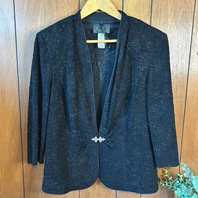 Alex Evenings Black Embellished Sparkle Rhinestone Brooch Blazer Jacket XL - Image 1 of 4