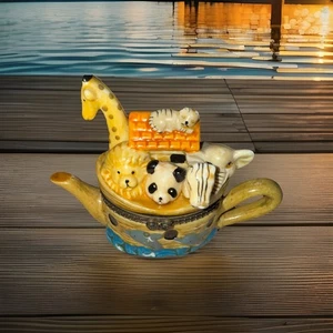 Vintage Arche Noah Mini Porzellan Schmuckschatulle mit Deckel! 4” X 3” - Bild 1 von 9