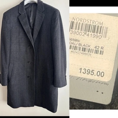$1400 John W. Nordstrom Colombo Pure Cashmere Mens Coat 42R Charcoal Plaid Italy - Image 1 of 4