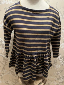 Toast Rugby Stripe cotton Top S 3/4 Sleeve Boat Neck Mustard Navy Quirky - Picture 1 of 4