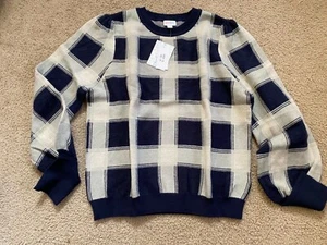NWT Lularoe S Small Piper Balloon Sleeved Sweater Blue Gray Ringer Plaid - Picture 1 of 3